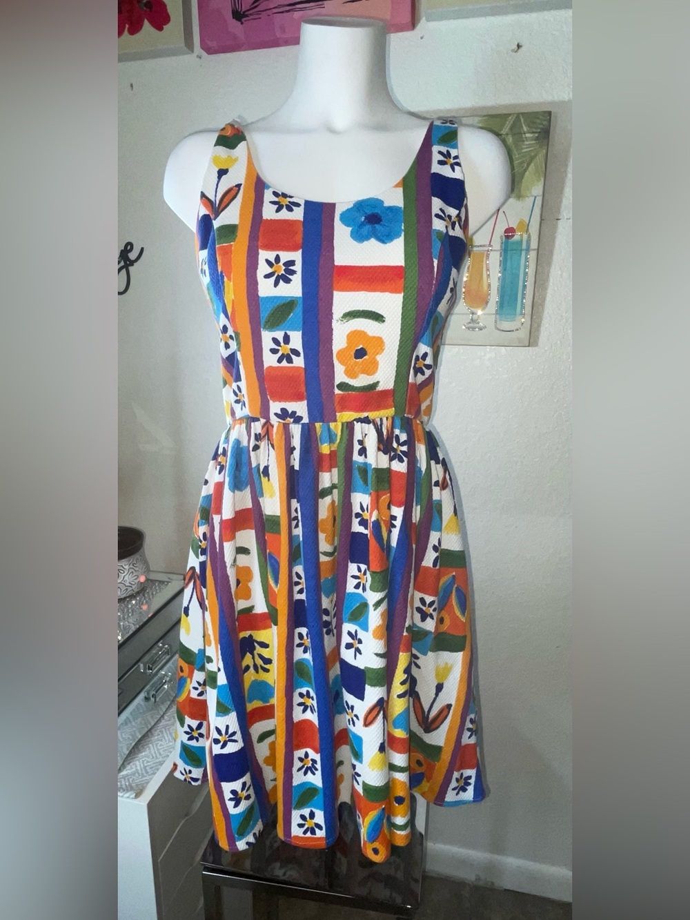 Girls Multicolor Floral Stripe Sleeveless Dress - White Base